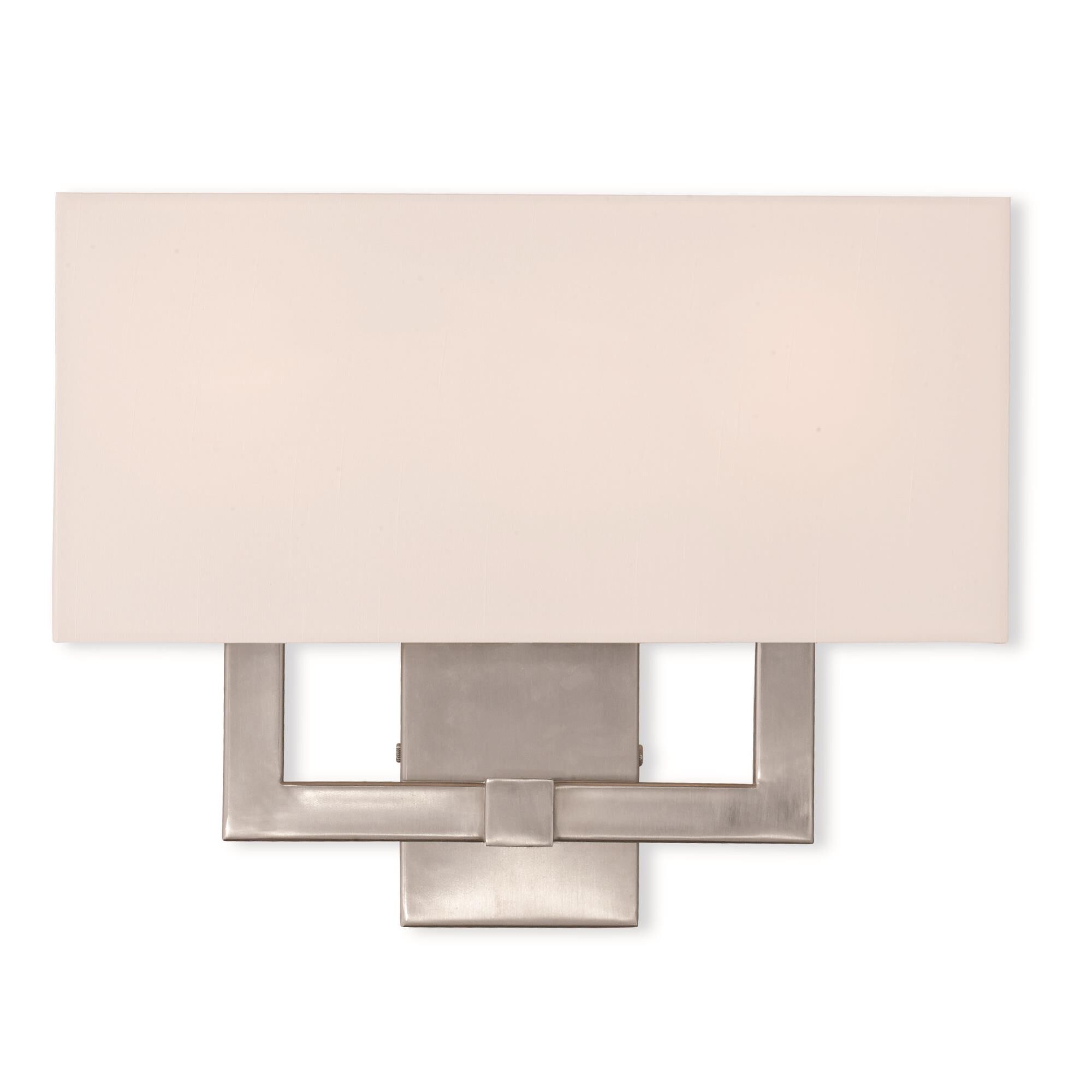 Shown in Brushed Nickel finish and Hand Crafted Off White Fabric Hardback shade